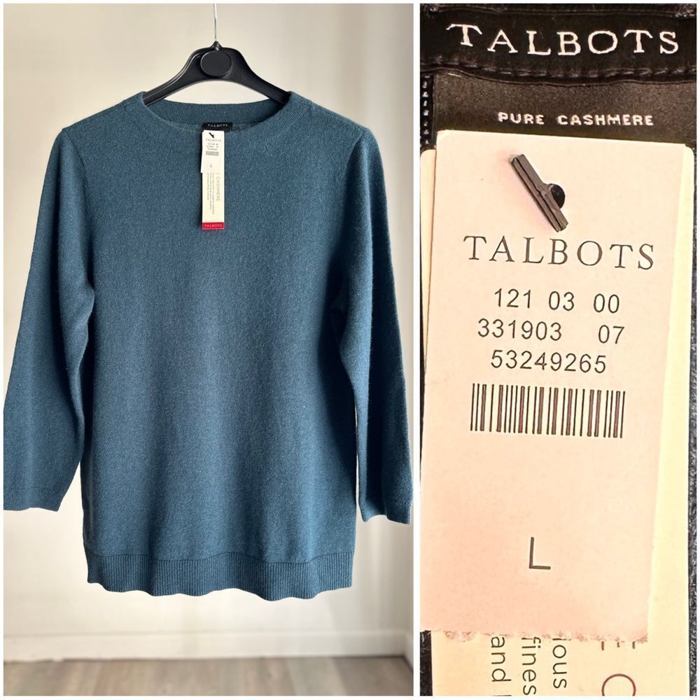 Talbots Pure Cashmere Crewneck Sweater Size L Blue Teal NWT